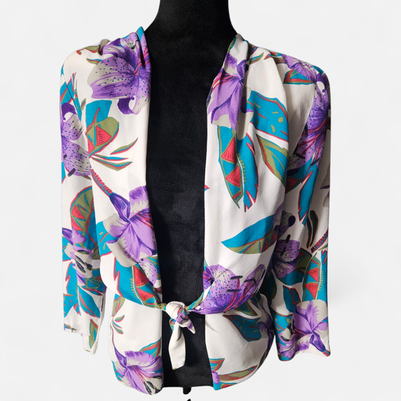 Vintage 80s Tropical Floral Blouse Tie Front Purple Teal Shoulder Pads Top M - Picture 3 of 14